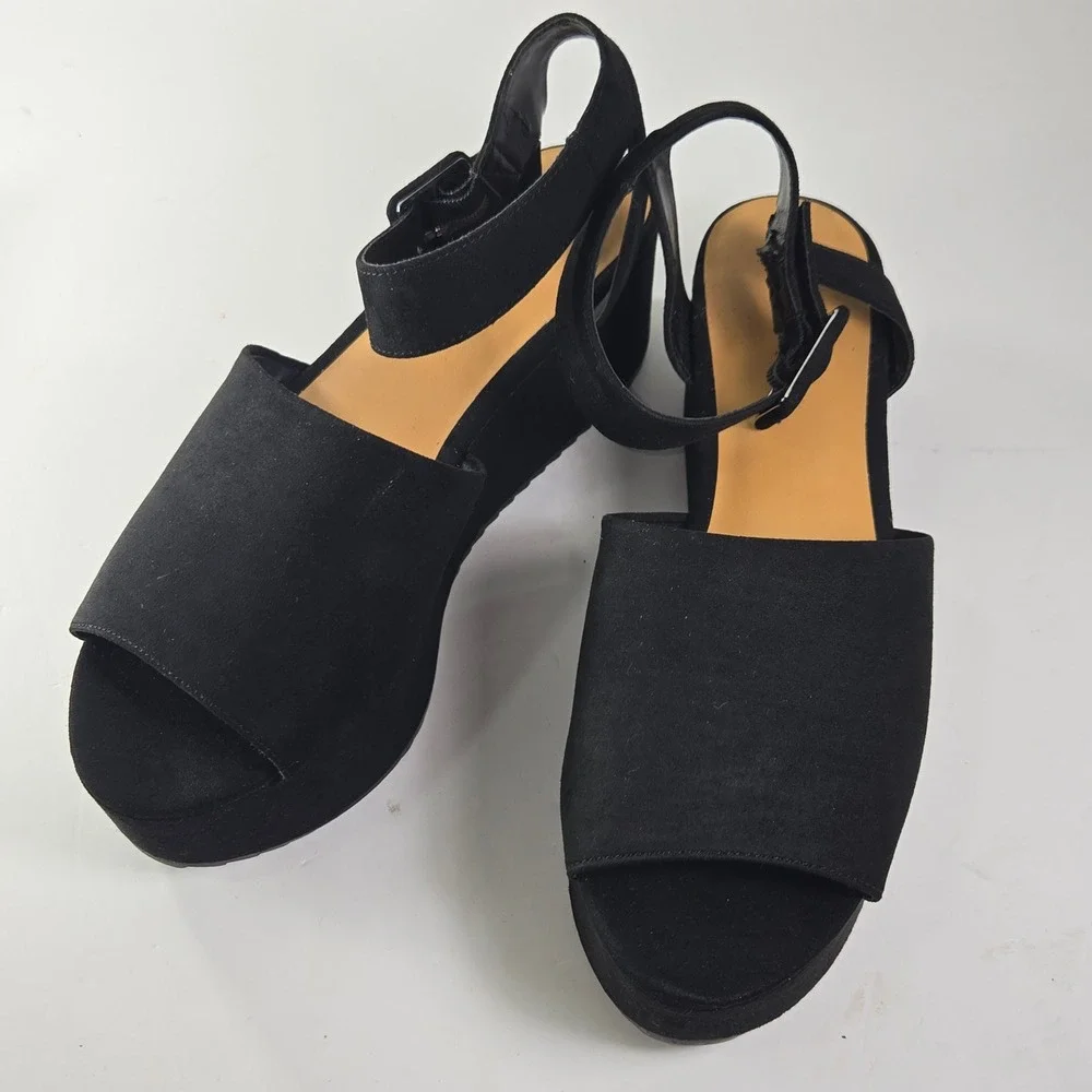 American Eagle Outfitters Black Suede Platform Wedge Sandals Women Size 10